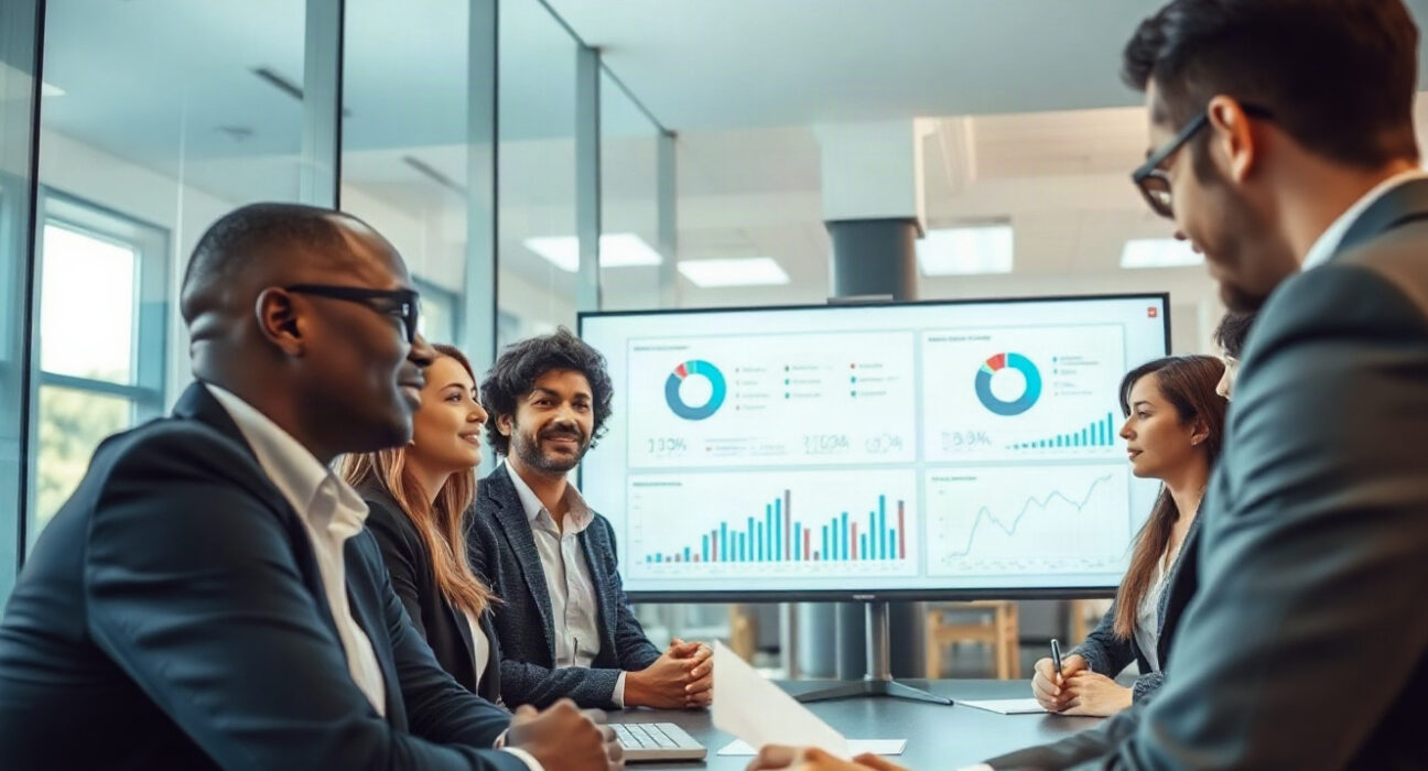 Business team reviewing AI data dashboard in modern office