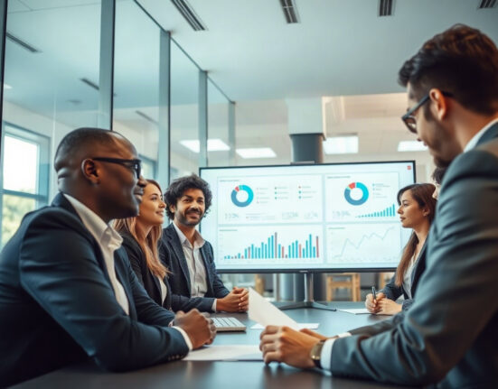 Business team reviewing AI data dashboard in modern office
