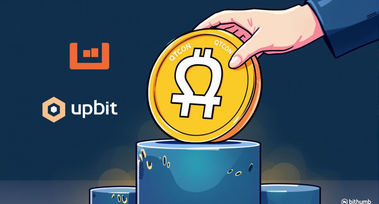 An illustration depicting the Quiztok delisting from major South Korean exchanges, highlighting the removal of QTCON from trading platforms.