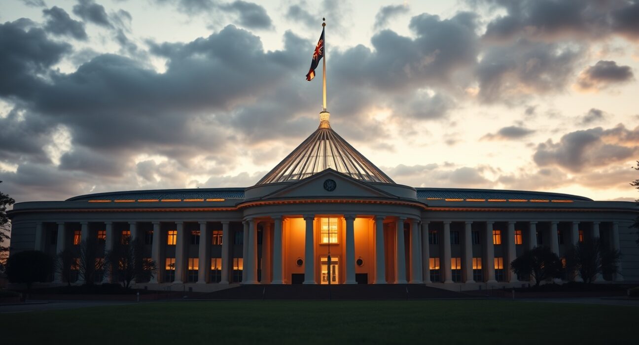 Australian Parliament House in Canberra at dusk with flag flying