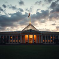 Australian Parliament House in Canberra at dusk with flag flying