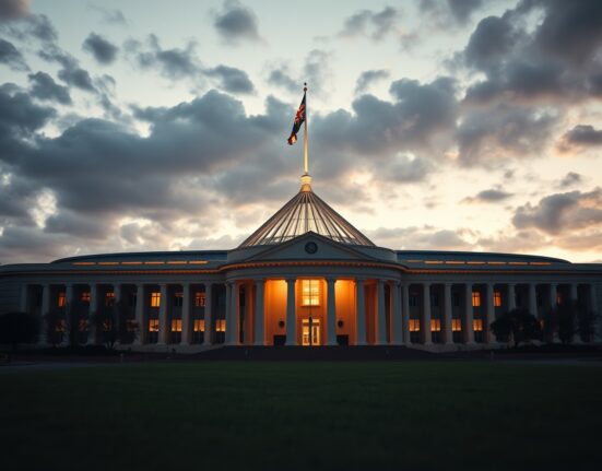 Australian Parliament House in Canberra at dusk with flag flying