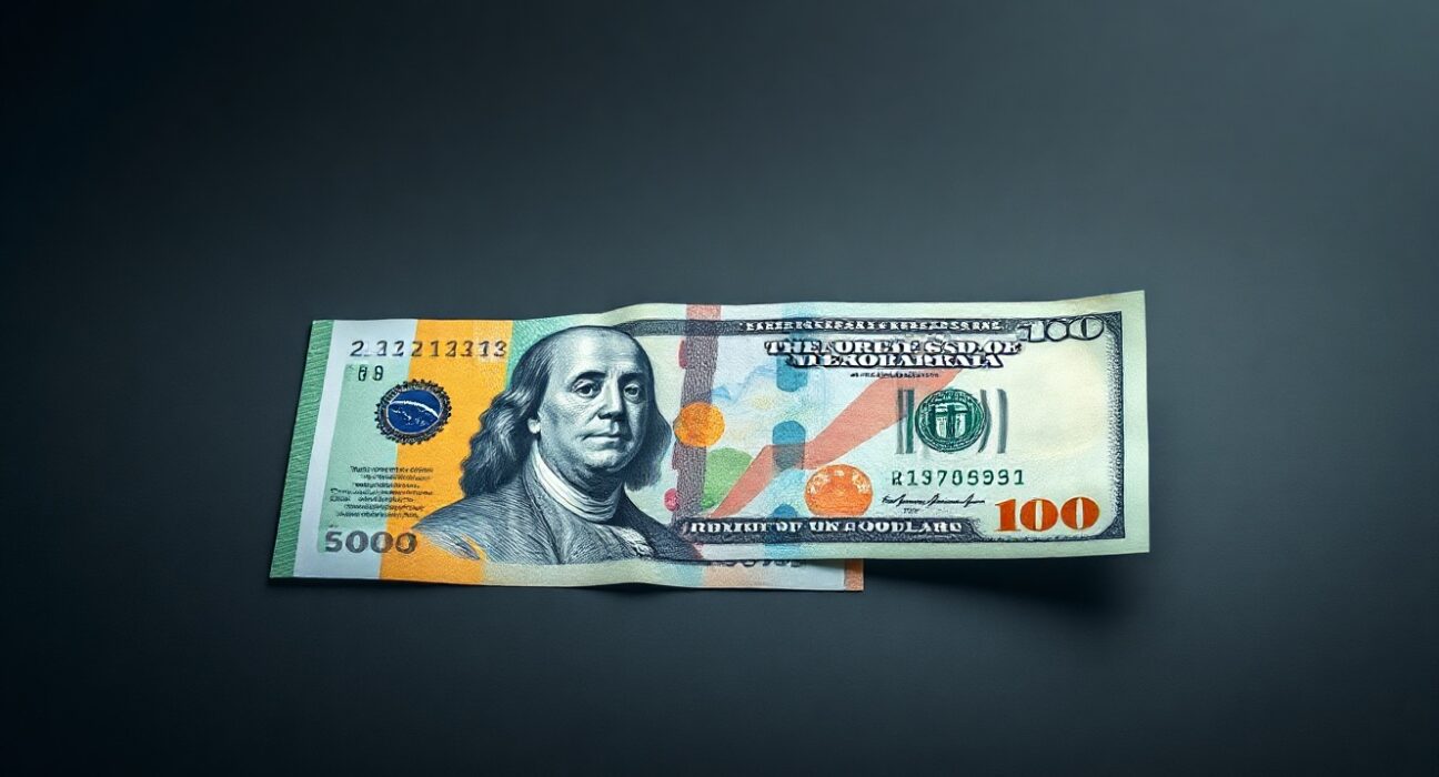Brazilian real and US dollar banknotes on a reflective surface with a chart in background