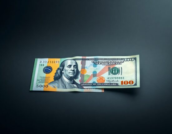 Brazilian real and US dollar banknotes on a reflective surface with a chart in background