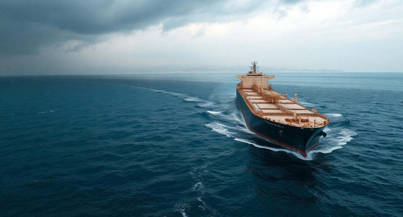Oil tanker sailing through the Strait of Hormuz under overcast skies, illustrating geopolitical supply risks.
