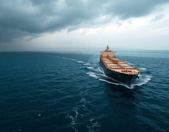 Oil tanker sailing through the Strait of Hormuz under overcast skies, illustrating geopolitical supply risks.