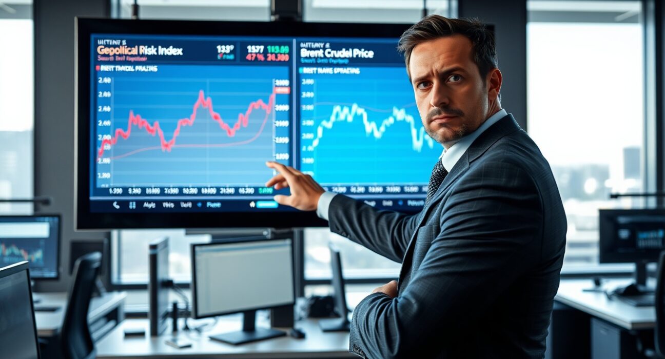 Financial analyst examines charts showing disconnect between geopolitical risk and oil prices, Rabobank analysis.