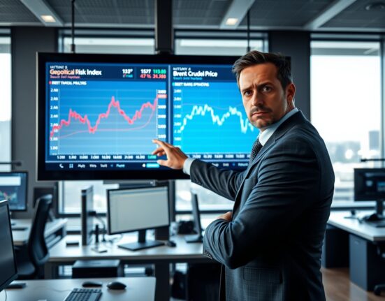 Financial analyst examines charts showing disconnect between geopolitical risk and oil prices, Rabobank analysis.