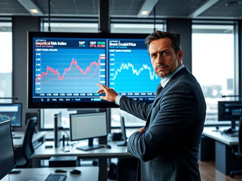 Financial analyst examines charts showing disconnect between geopolitical risk and oil prices, Rabobank analysis.