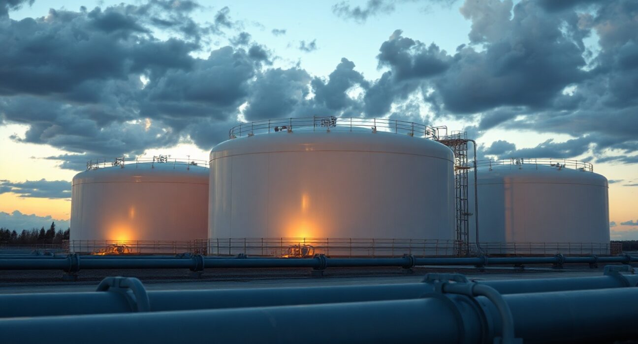 Natural gas storage tanks at sunset with partly cloudy sky, representing energy supply and winter risks.