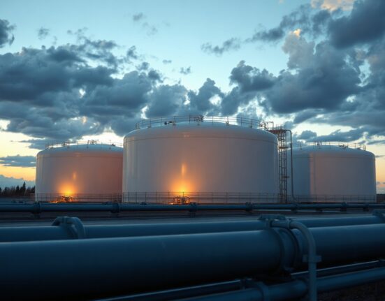 Natural gas storage tanks at sunset with partly cloudy sky, representing energy supply and winter risks.