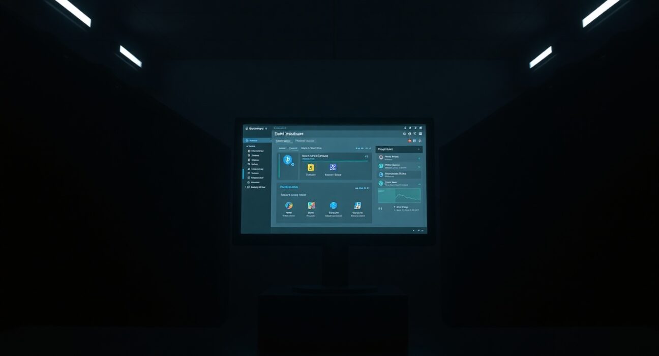 Dark server room with glowing monitor showing deactivated DeFi protocol dashboard