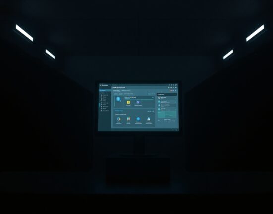 Dark server room with glowing monitor showing deactivated DeFi protocol dashboard