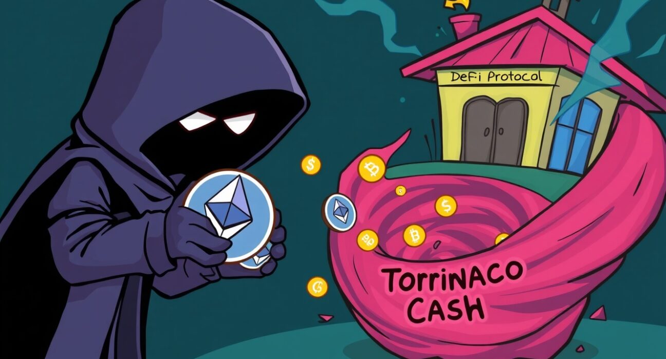 Cartoon showing a hacker funneling ETH into a mixer, symbolizing the ongoing Radiant Capital exploit and fund movements.