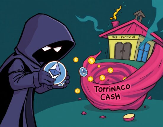 Cartoon showing a hacker funneling ETH into a mixer, symbolizing the ongoing Radiant Capital exploit and fund movements.