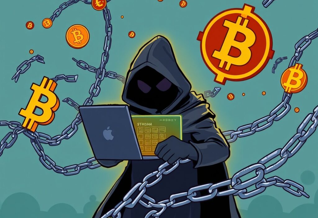 A cartoon illustration showing a shadowy figure moving stolen ETH after the Radiant Capital exploit, highlighting blockchain security concerns.