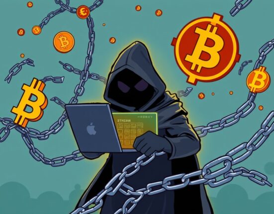A cartoon illustration showing a shadowy figure moving stolen ETH after the Radiant Capital exploit, highlighting blockchain security concerns.