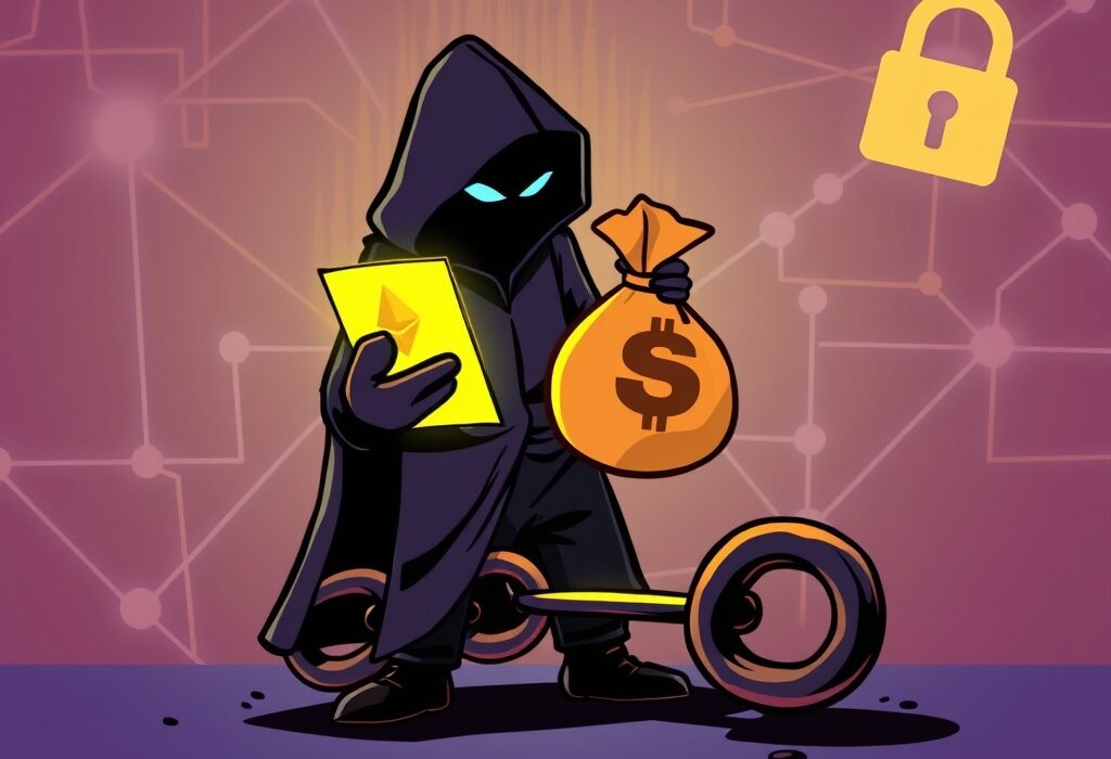 A cartoon illustration representing the Radiant Capital exploit, showing a crypto hacker moving digital assets, highlighting digital asset security concerns.