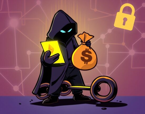 A cartoon illustration representing the Radiant Capital exploit, showing a crypto hacker moving digital assets, highlighting digital asset security concerns.
