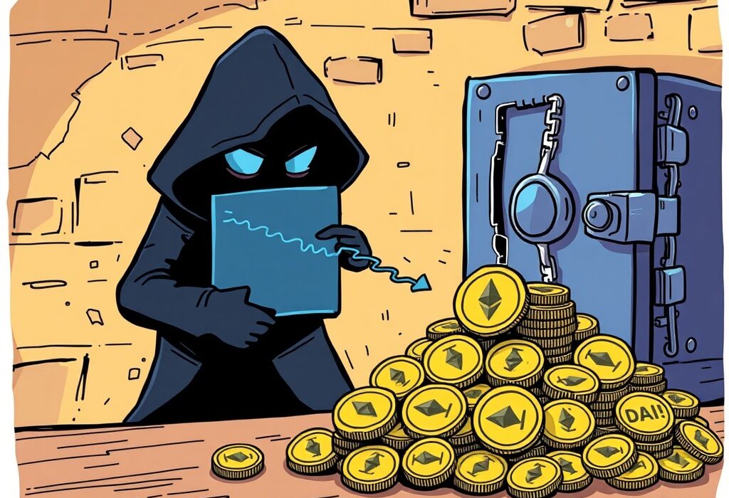 A cartoon illustration depicting the Radiant Capital exploiter converting digital assets, symbolizing the recent ETH to DAI conversion after the hack.