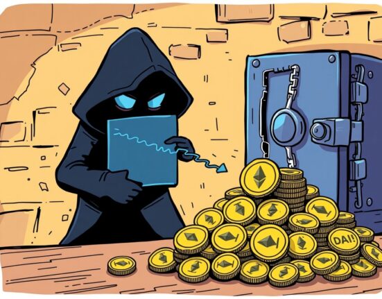 A cartoon illustration depicting the Radiant Capital exploiter converting digital assets, symbolizing the recent ETH to DAI conversion after the hack.