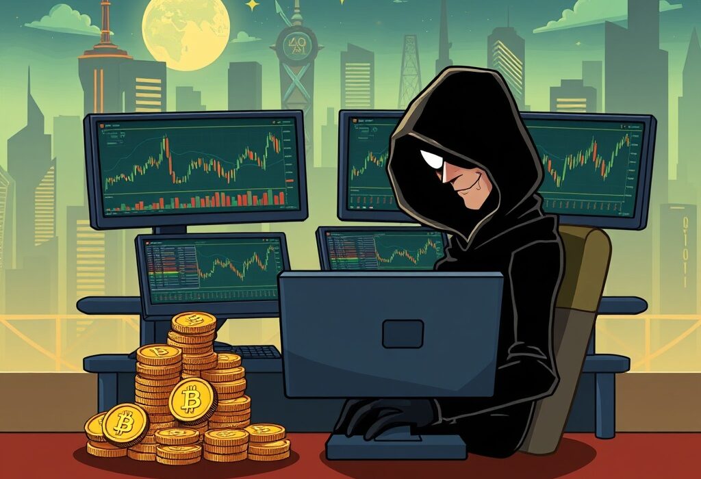 A cartoon illustration showing the Radiant Capital hacker expertly trading ETH, doubling their stolen funds from the DeFi exploit.