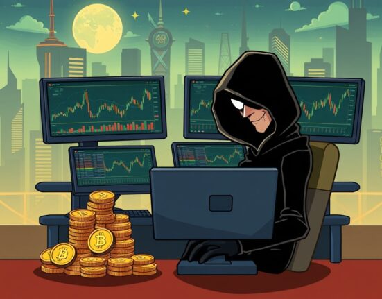A cartoon illustration showing the Radiant Capital hacker expertly trading ETH, doubling their stolen funds from the DeFi exploit.
