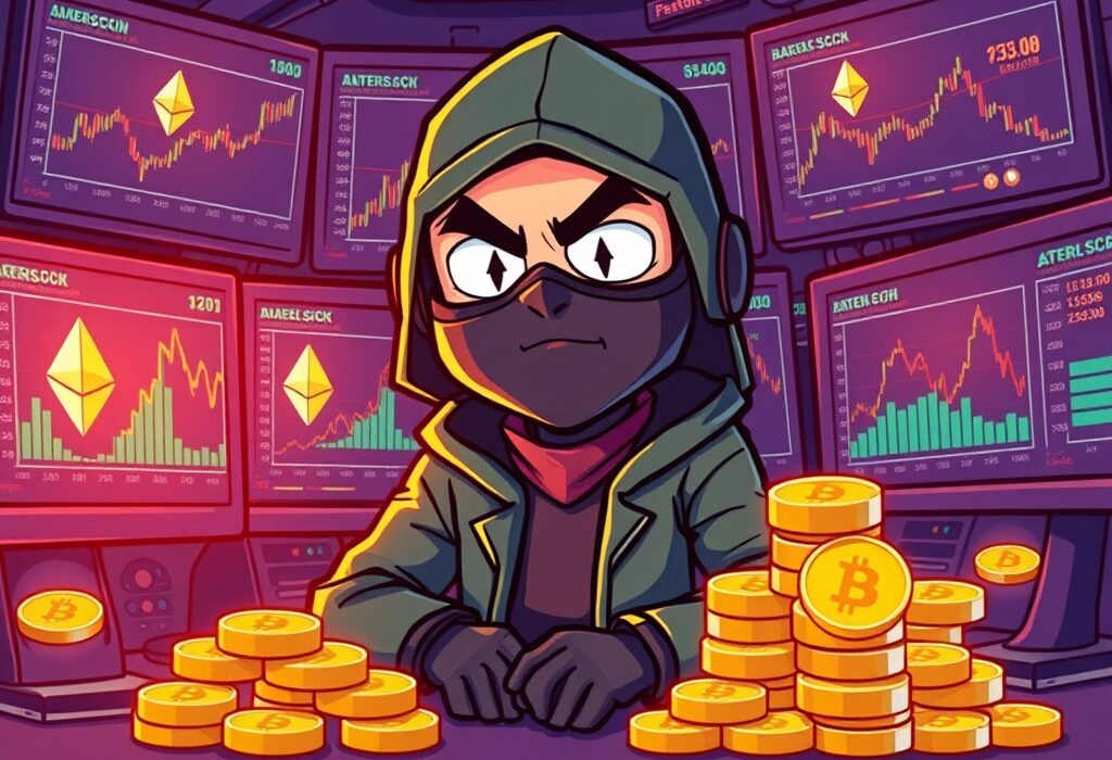 A cartoon illustration showing the Radiant Capital hacker executing a large Ethereum trade, symbolizing their market activity.