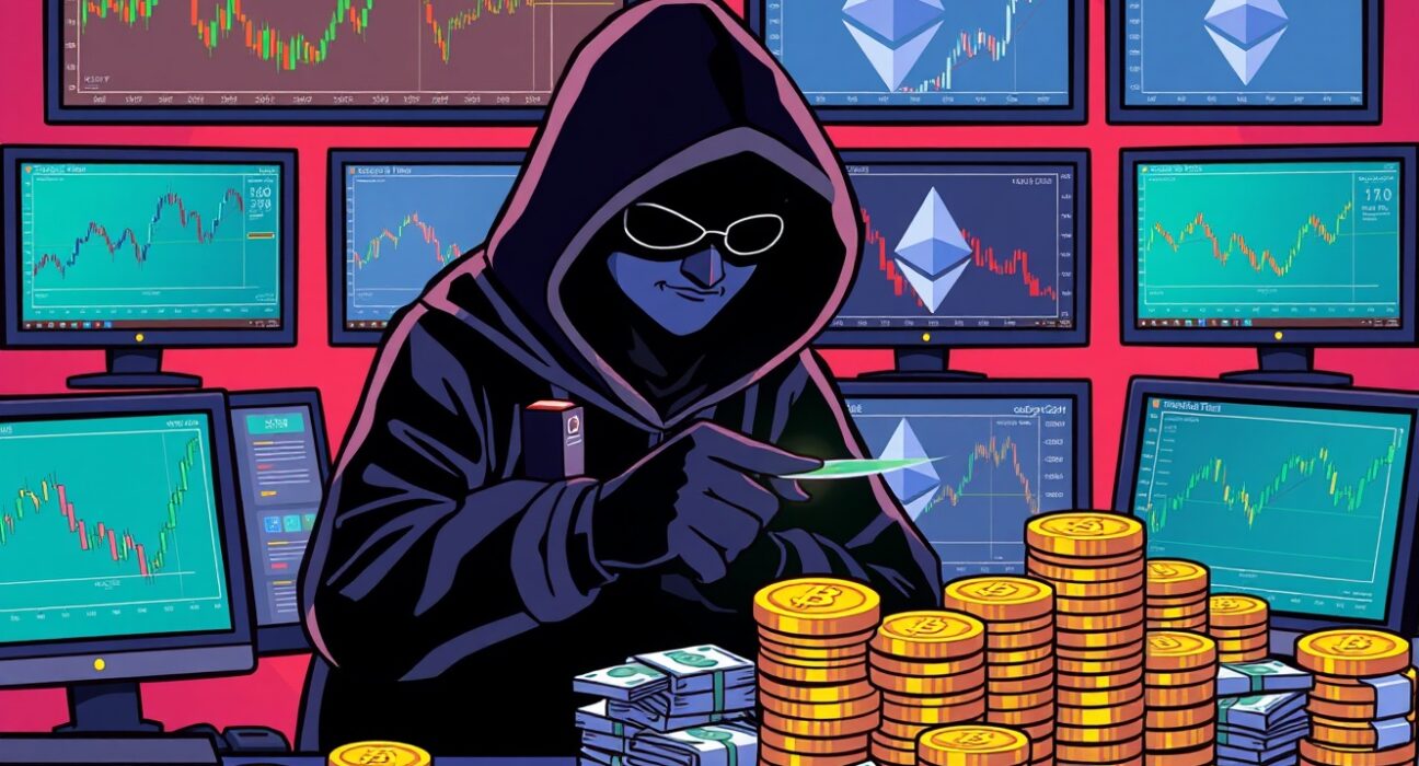 A shadowy figure representing the Radiant Capital hacker quickly executing a massive cryptocurrency transaction.