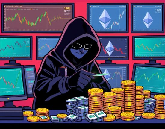 A cartoon illustration showing the Radiant Capital hacker executing a large Ethereum trade, symbolizing their market activity.