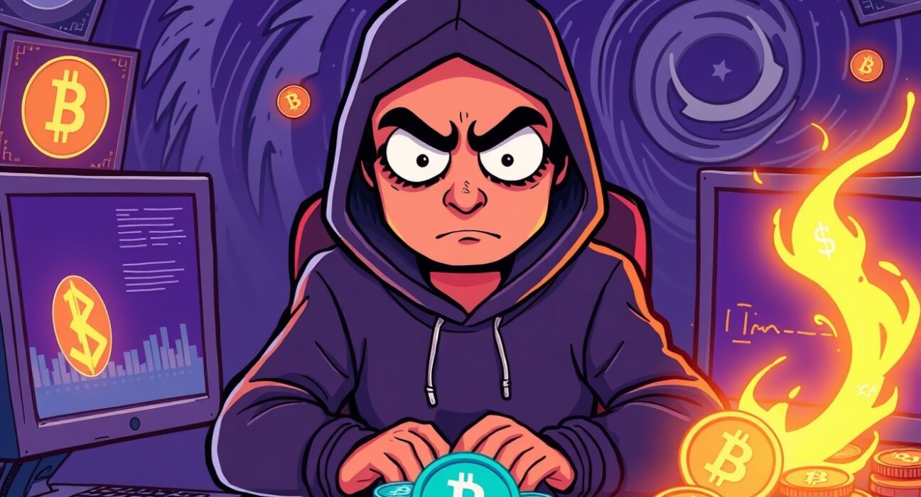 A cartoon illustrating a **Radiant Capital hacker** illicitly moving funds through a digital tornado, symbolizing the recent ETH laundering.