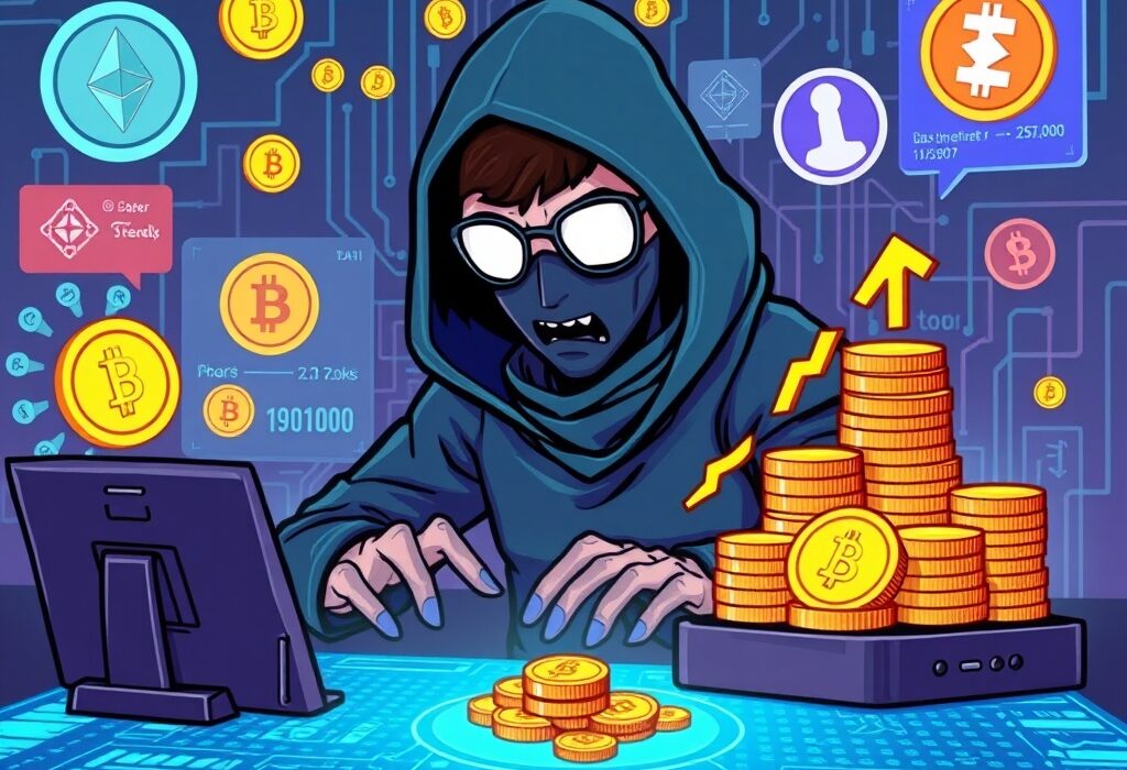 A cartoon illustration depicting the Radiant Capital hacker strategically growing stolen crypto funds through Ethereum trades, highlighting illicit profit.