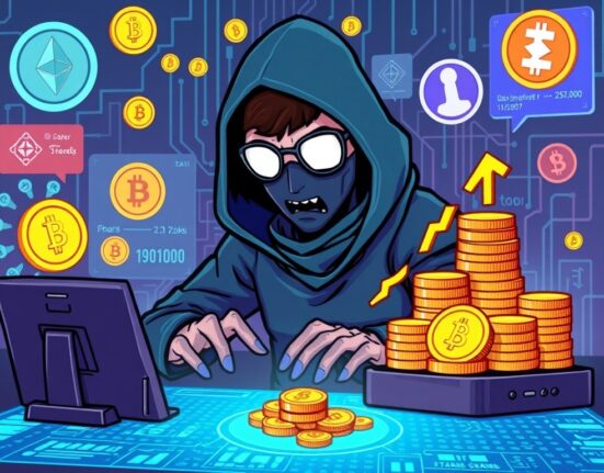 A cartoon illustration depicting the Radiant Capital hacker strategically growing stolen crypto funds through Ethereum trades, highlighting illicit profit.