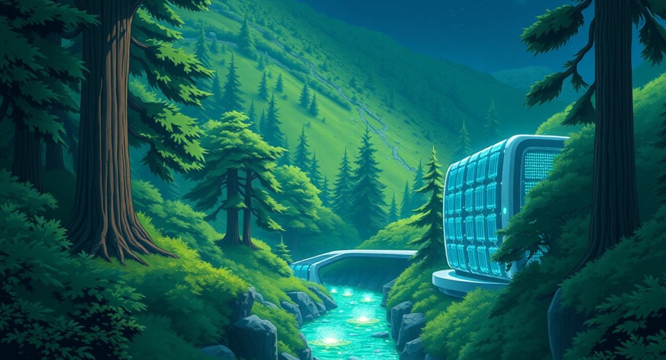 RadixArk's AI inference optimization technology visualized as a serene, efficient data landscape.