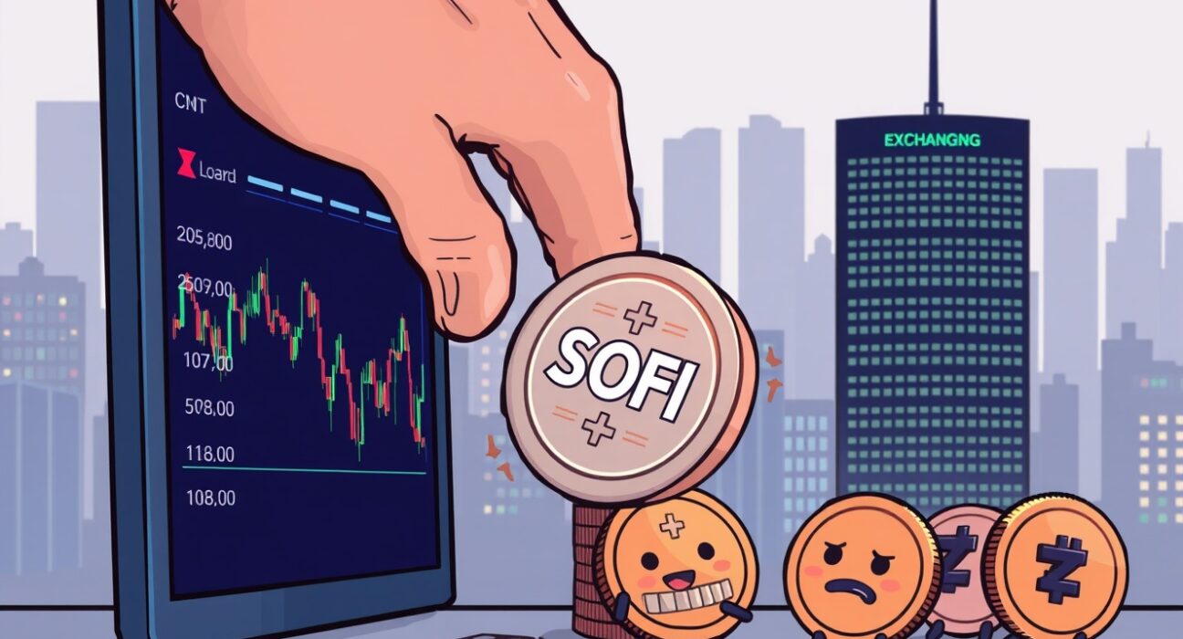 A digital SOFI coin being removed from a crypto exchange platform, symbolizing the Rai Finance delisting by Bithumb.