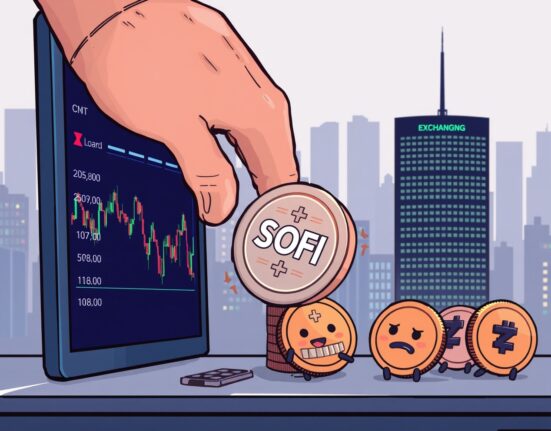 A digital SOFI coin being removed from a crypto exchange platform, symbolizing the Rai Finance delisting by Bithumb.