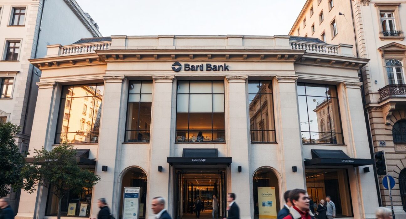 Exterior of a modern bank building in Vienna, Austria, representing Raiffeisen Bank's increased investment in Strategy.
