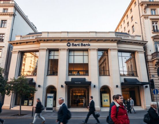 Exterior of a modern bank building in Vienna, Austria, representing Raiffeisen Bank's increased investment in Strategy.