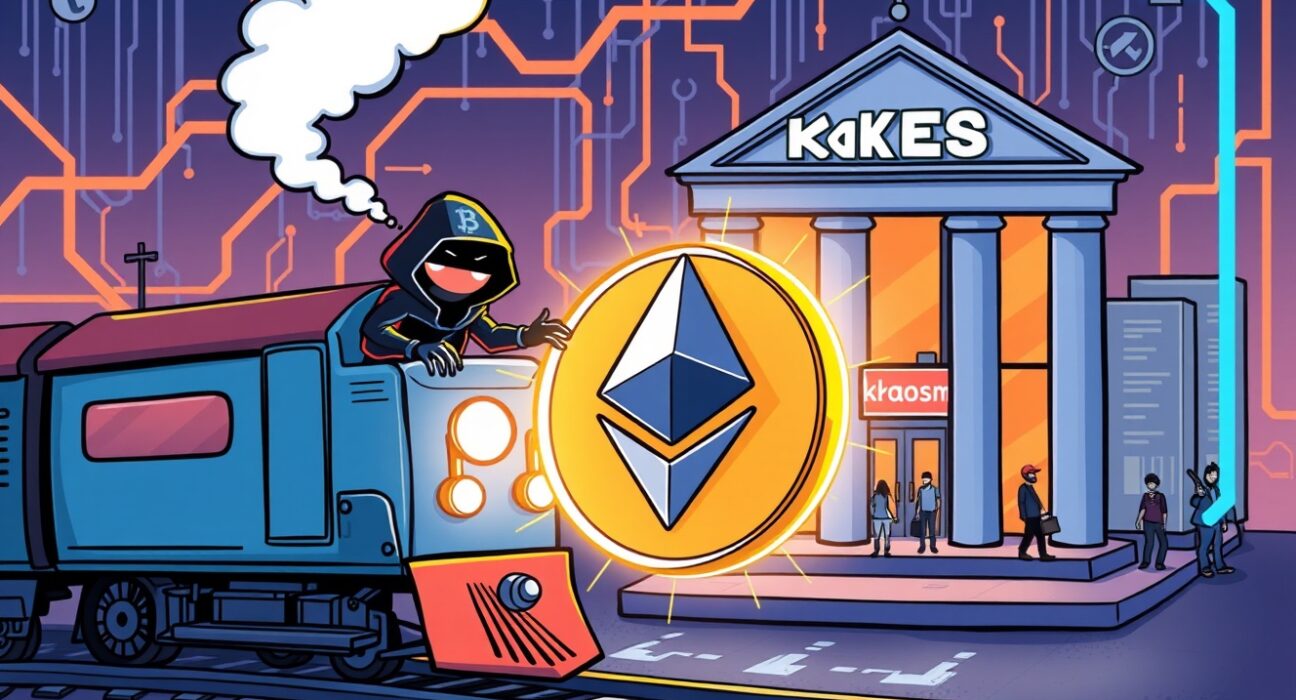 Cartoon showing a shadowy figure making a large Railgun ETH deposit into a Kraken exchange, highlighting privacy and transparency concerns.