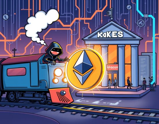 Cartoon showing a shadowy figure making a large Railgun ETH deposit into a Kraken exchange, highlighting privacy and transparency concerns.