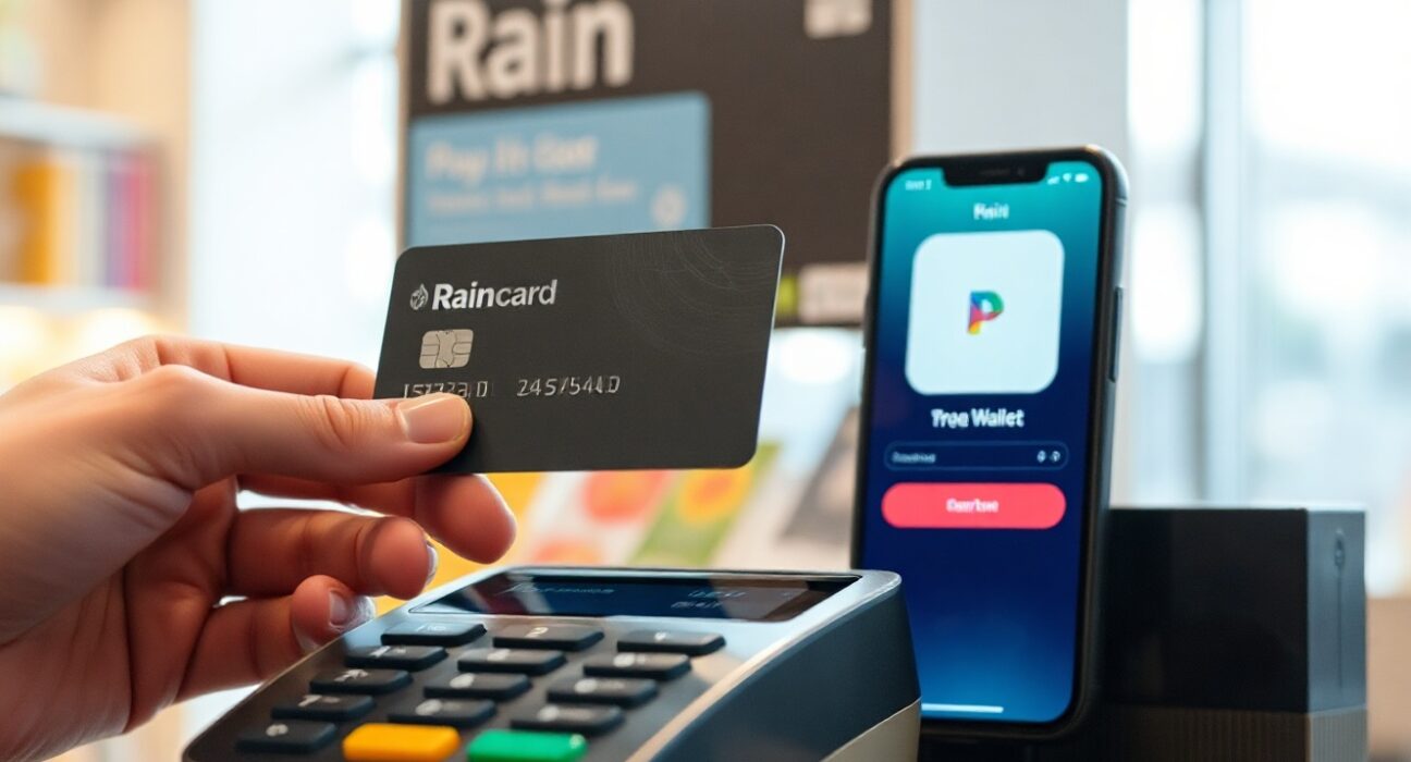 Stablecoin card being used at a payment terminal with a digital wallet on a smartphone in the background.