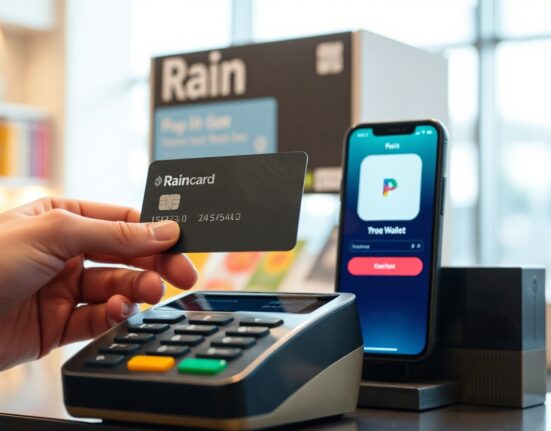Stablecoin card being used at a payment terminal with a digital wallet on a smartphone in the background.