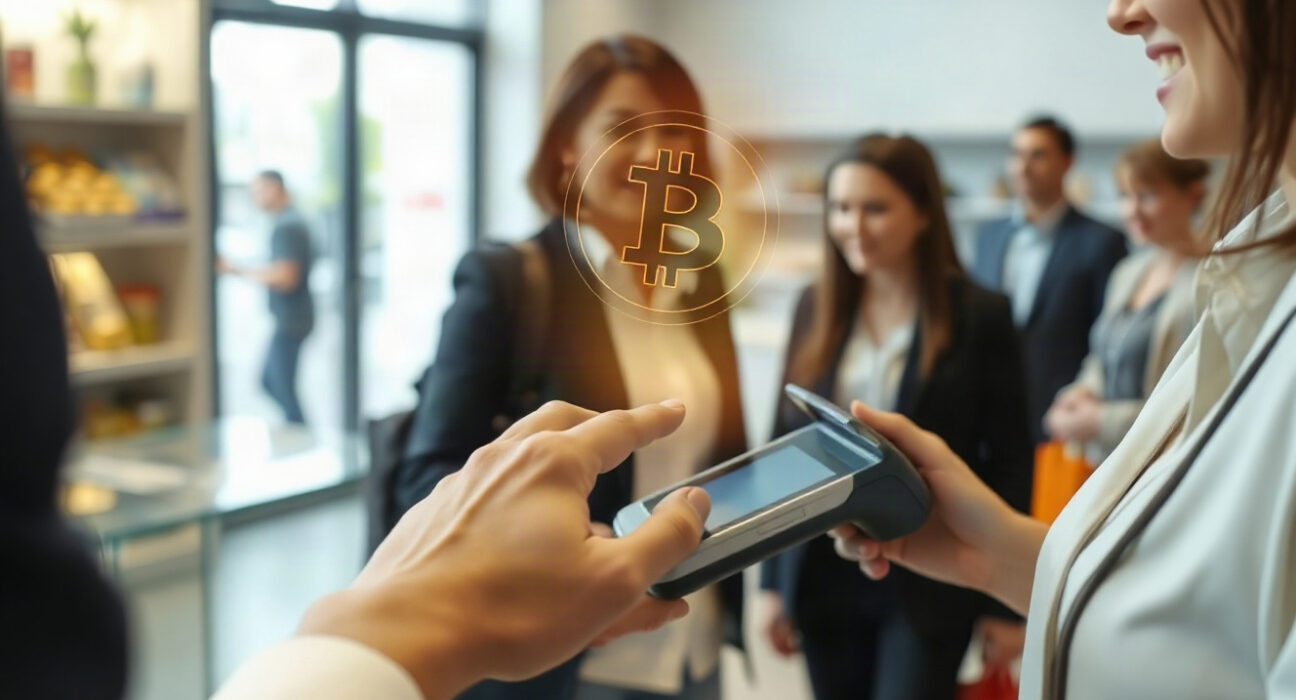 Customer using a contactless payment terminal with a digital coin icon overlay, symbolizing stablecoin payments at retail.