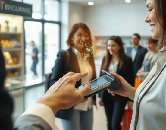 Customer using a contactless payment terminal with a digital coin icon overlay, symbolizing stablecoin payments at retail.