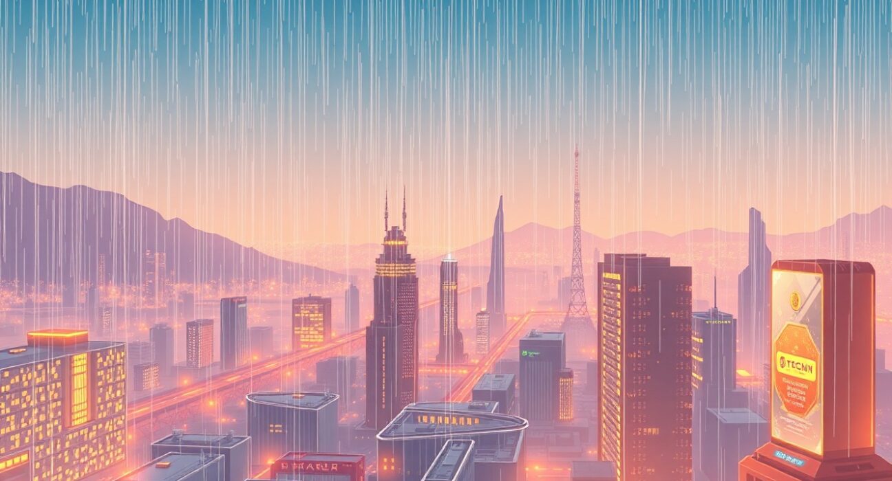 Stablecoin startup Rain secures major funding to build payment infrastructure, illustrated in a harmonious digital landscape.