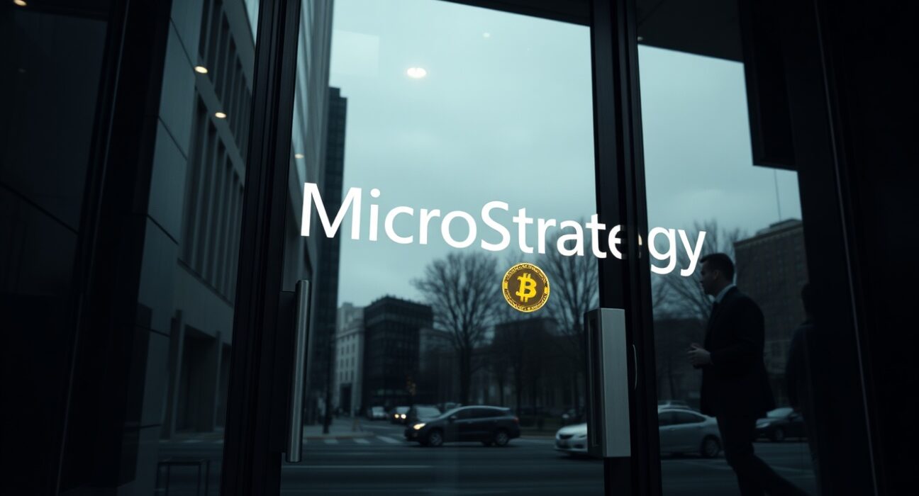 MicroStrategy office building with Bitcoin symbol reflection, illustrating corporate Bitcoin strategy debate.