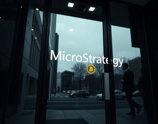MicroStrategy office building with Bitcoin symbol reflection, illustrating corporate Bitcoin strategy debate.
