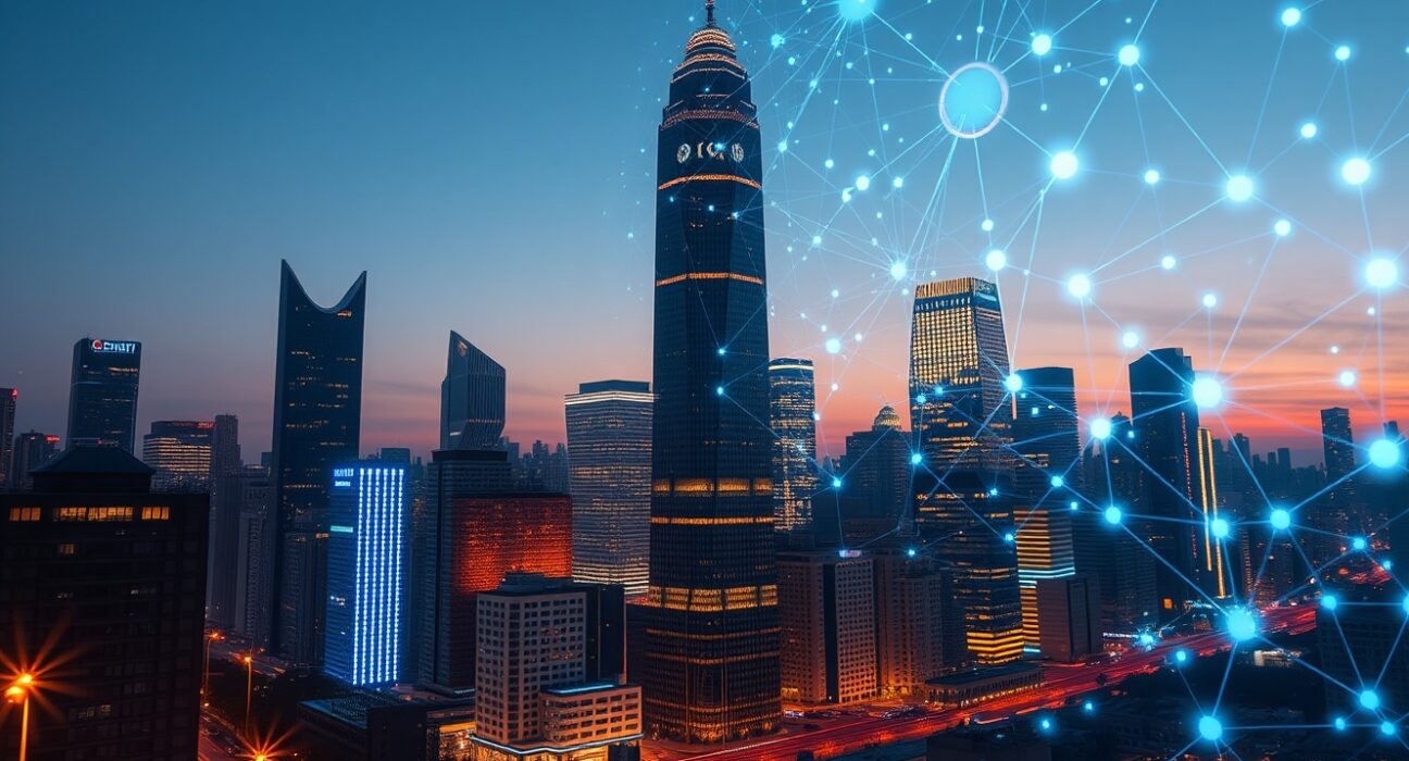 Futuristic city skyline with blockchain and AI digital overlays symbolizing economic transformation