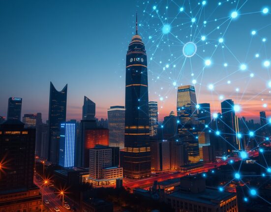Futuristic city skyline with blockchain and AI digital overlays symbolizing economic transformation