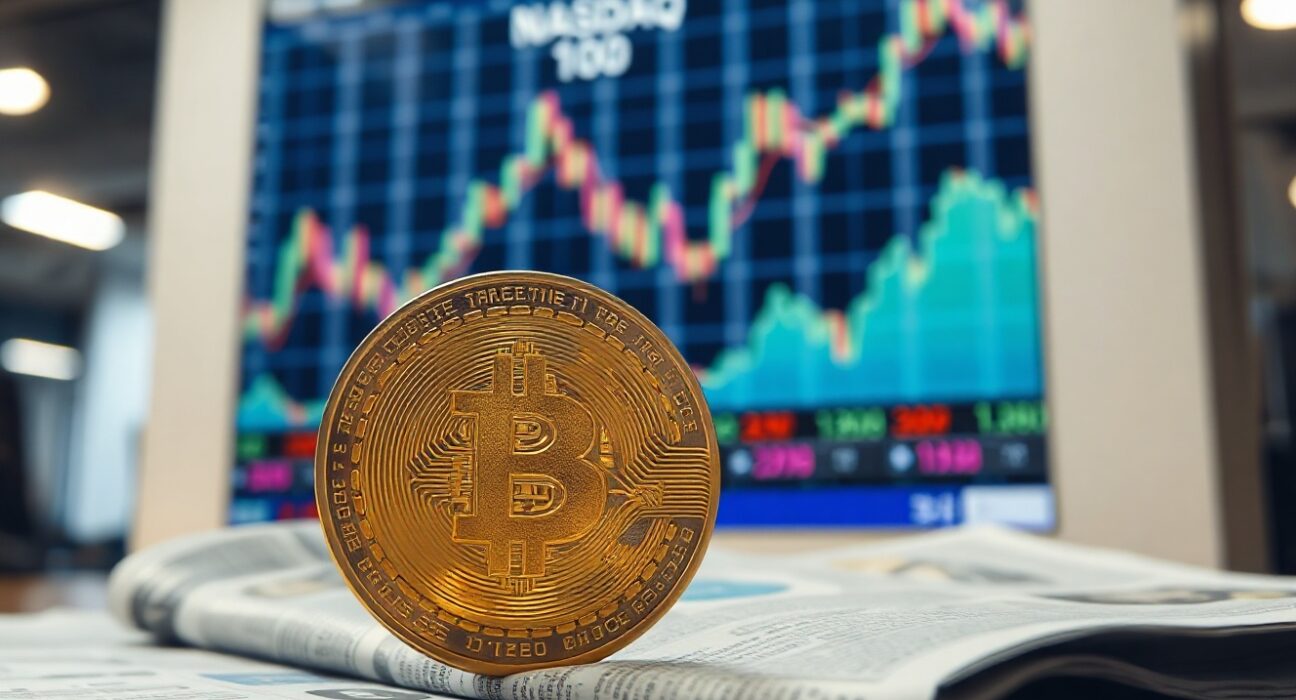Bitcoin coin on financial chart with Nasdaq board in background